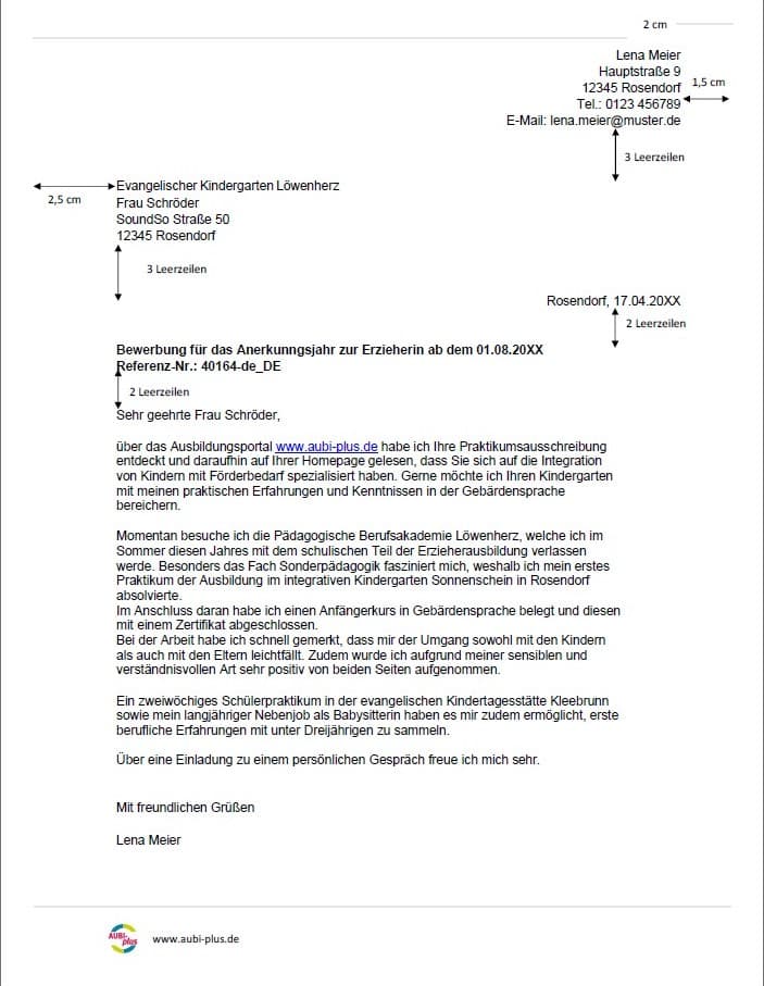 Word-Vorlage für das Bewerbungsschreiben als Erzieher / Erzieherin