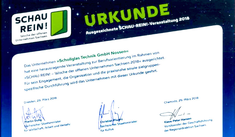 SCHOLLGLAS Urkunde "Schau Rein 2018"